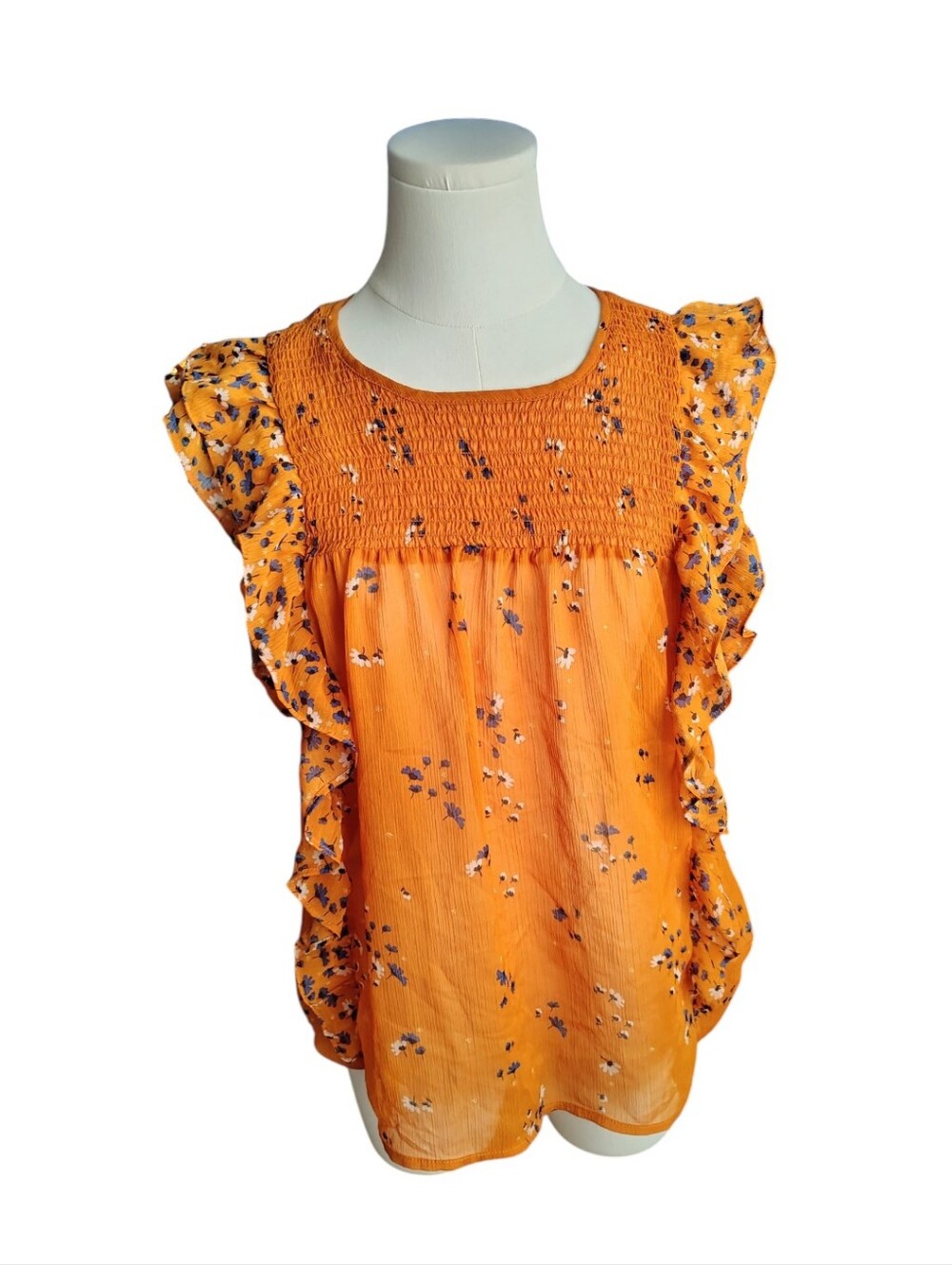 DR2 Daniel Rainn Mustard Yellow Ruffled Blouse Blue & White Flowers Size Medium
